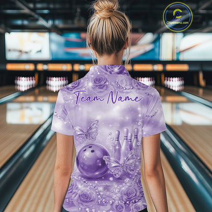 Custom Elegant Purple Roses And Butterfly Women Bowling Quarter-Zip Shirt, Ladies Outfit IPHW10938