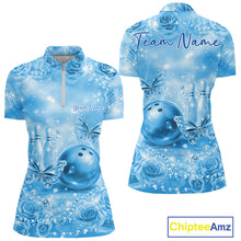 Load image into Gallery viewer, Custom Elegant Blue Roses And Butterfly Women Bowling Quarter-Zip Shirts, Ladies Outfit IPHW10939