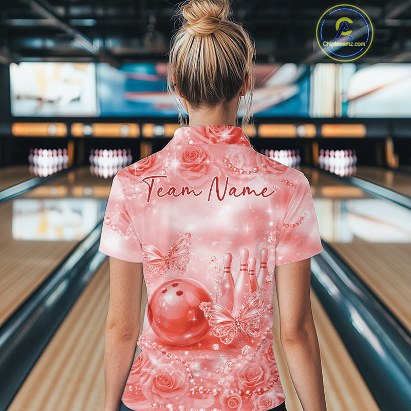 Custom Elegant Red Roses And Butterfly Women Bowling Quarter-Zip Shirts, Ladies Outfit IPHW10940