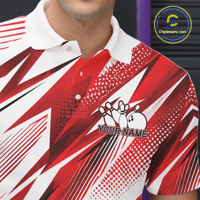 Red and white bowling-themed shirt with a graphic design and 'Your Name' text on a blurred background.
