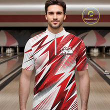 Load image into Gallery viewer, Man wearing a red and white bowling shirt with a pattern in a bowling alley.