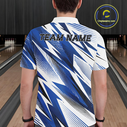 Person wearing a blue and white bowling shirt with 'TEAM NAME' text in a bowling alley.