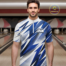 Load image into Gallery viewer, Man wearing a blue and white sports jersey with a bowling alley in the background