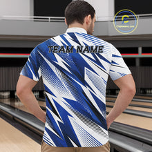 Load image into Gallery viewer, Person wearing a blue and white patterned bowling shirt with 'TEAM NAME' text on a bowling alley background.