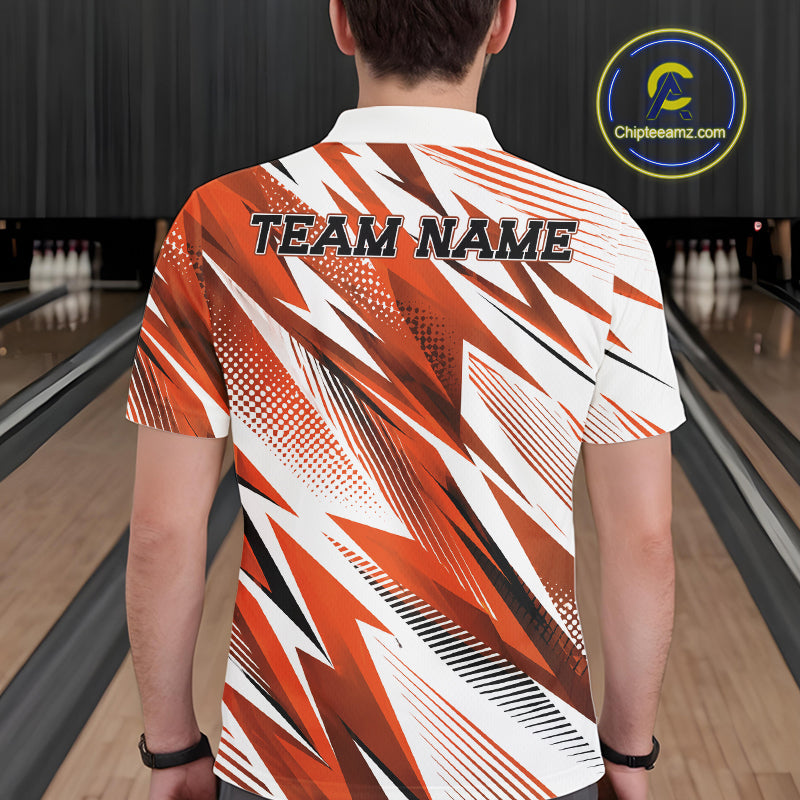 Person wearing a custom bowling shirt with 'TEAM NAME' on the back in a bowling alley.