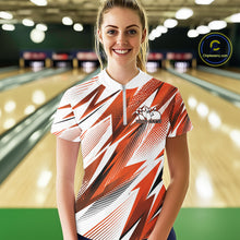 Load image into Gallery viewer, Woman wearing a red and white bowling shirt with a pattern in a bowling alley.