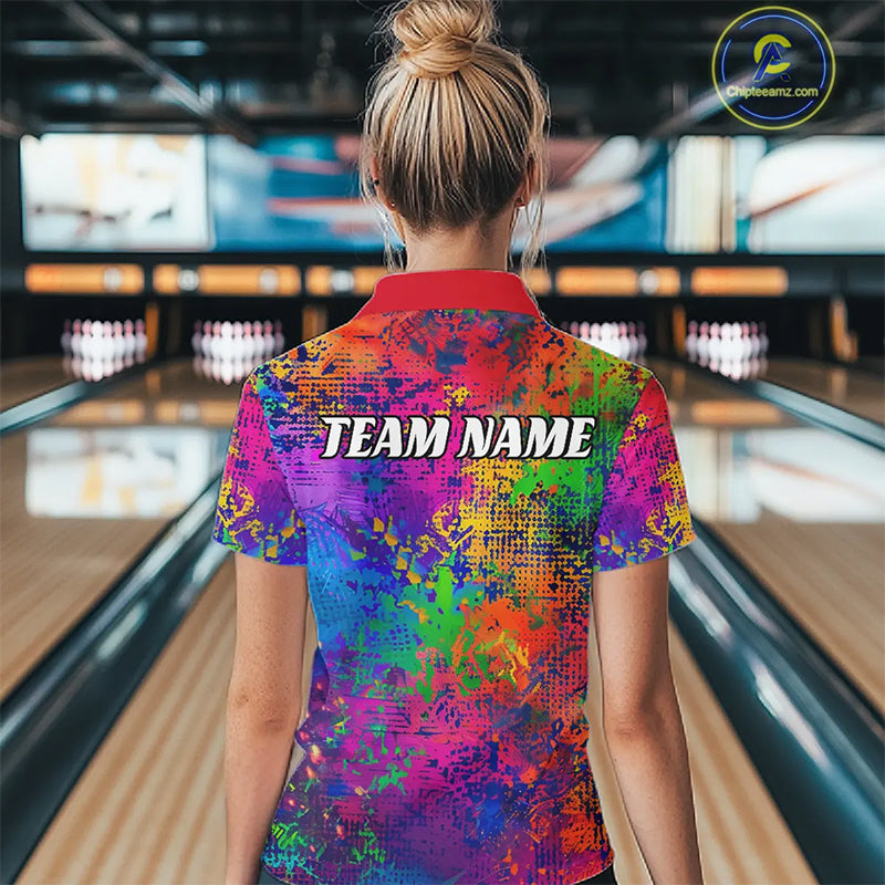 Custom Colorful Bowling Quarter Zip Shirts For Women, Pride Colors Ladies Bowling Shirts IPHW6788