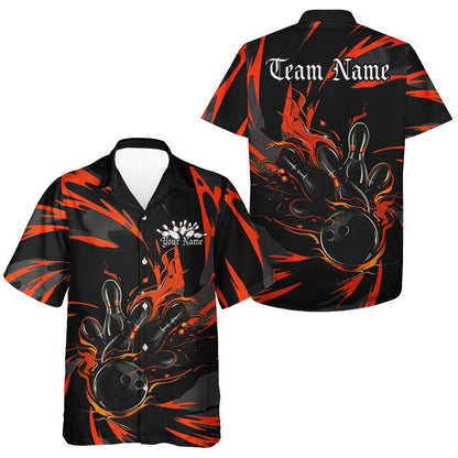 Black And Orange Custom Flame Bowling Shirts For Men And Women, Bowling Team Shirt Bowling Uniform Outfit IPHW7400