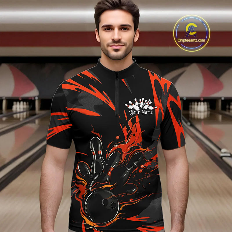 Black And Orange Custom Flame Bowling Shirts For Men, Bowling Team Shirt Bowling Uniform Outfit IPHW7400