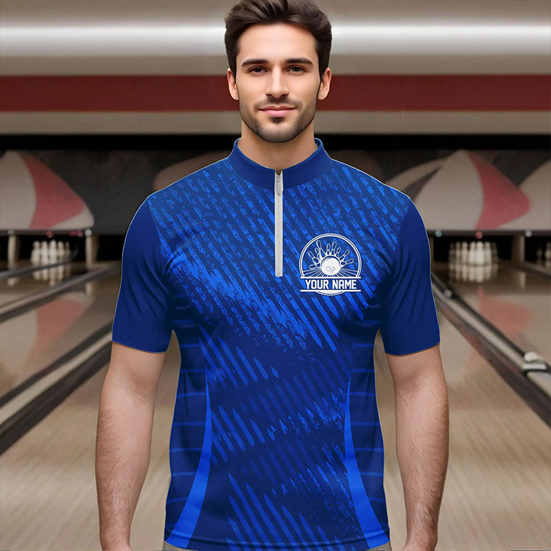 Custom Blue Bowling Team Quarter-Zip Shirts For Men, Bowling Tournament Bowling League Shirt IPHW8536