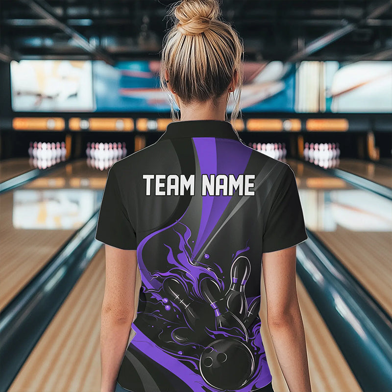 Custom Black And Purple Flame Bowling Quarter-Zip Shirts For Women, Fire Bowling Team Shirt IPHW8541