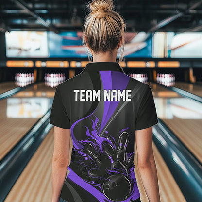 Custom Black And Purple Flame Bowling Quarter-Zip Shirts For Women, Fire Bowling Team Shirt IPHW8541