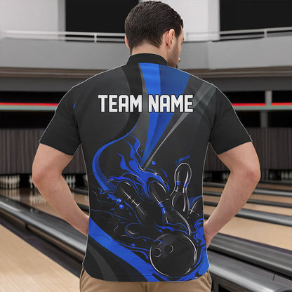 Custom Black And Blue Flame Bowling Quarter-Zip Shirts For Men, Fire Bowling Team Shirt IPHW8542