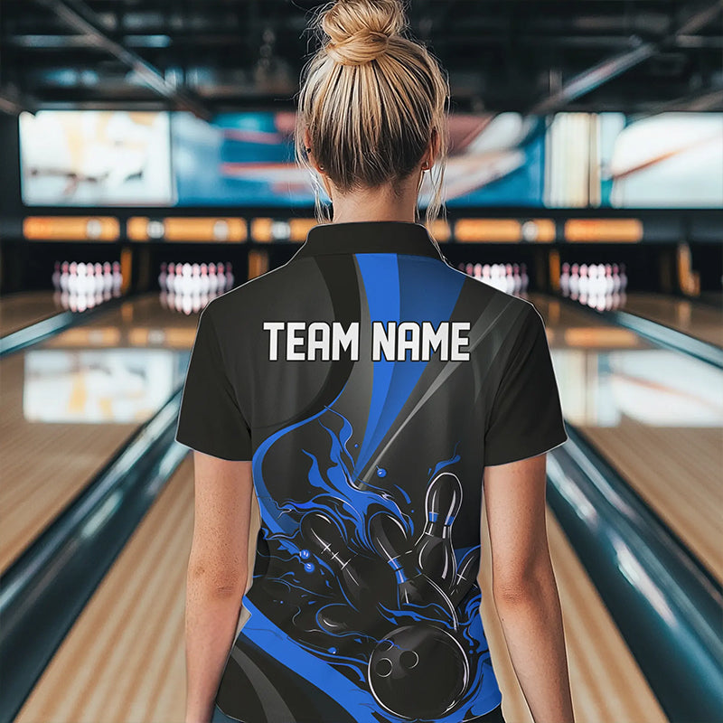 Custom Black And Blue Flame Bowling Quarter-Zip Shirts For Women, Fire Bowling Team Shirt IPHW8542