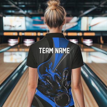 Custom Black And Blue Flame Bowling Quarter-Zip Shirts For Women, Fire Bowling Team Shirt IPHW8542