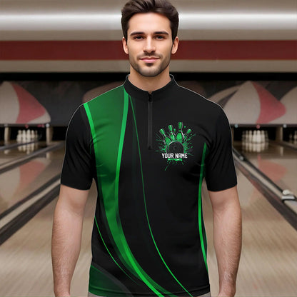 Custom Black And Green Bowling Quarter-Zip Shirts For Men, Bowling Tournament Team Shirts IPHW8543