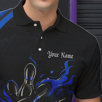 Custom Black And Blue Flame Bowling Polo Shirts For Men, Bowling Tournament Team Shirts IPHW8544