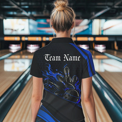 Custom Black And Blue Flame Bowling Womens Quarter-Zip Shirt, Bowling Tournament Team Shirt IPHW8544