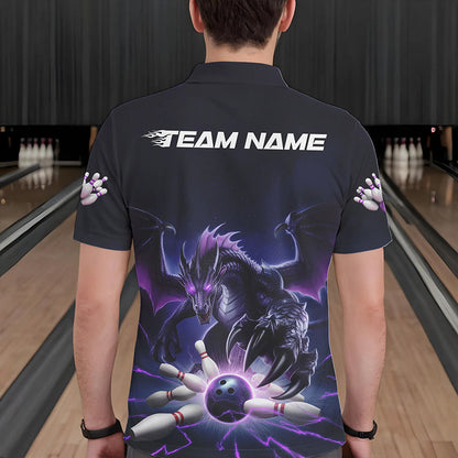 Custom Black And Purple Dragon Bowling Team Polo Shirts For Men, Dragon Bowling League Shirt IPHW8548