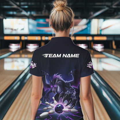 Custom Black And Purple Dragon Bowling Team Polo Shirts For Women, Dragon Bowling League Shirt IPHW8548