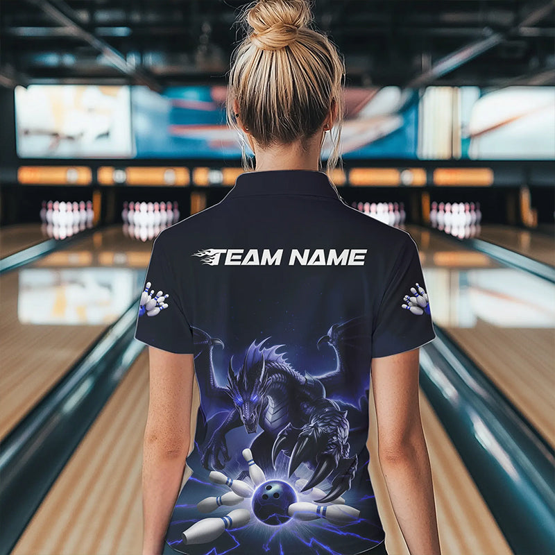 Custom Black And Blue Dragon Bowling Team Womens Quarter-Zip Shirts, Bowling League Shirt IPHW8550