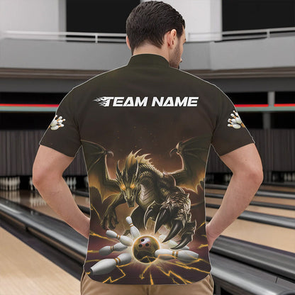 Custom Black And Yellow Dragon Bowling Team Quarter-Zip Shirts For Men, Dragon Bowling League Shirt IPHW8551