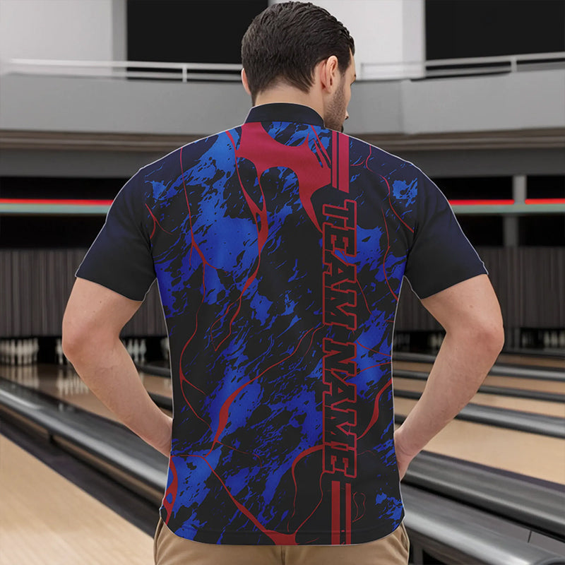 Custom Blue And Red Strike Bowling Quarter-Zip Shirts For Men, Bowling League Team Uniform IPHW8858
