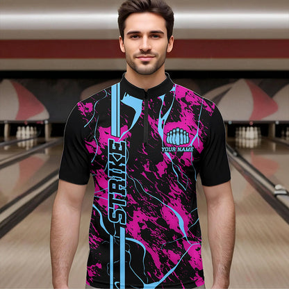Custom Pink And Blue Strike Bowling Quarter-Zip Shirts For Men, Bowling League Team Uniform IPHW8859