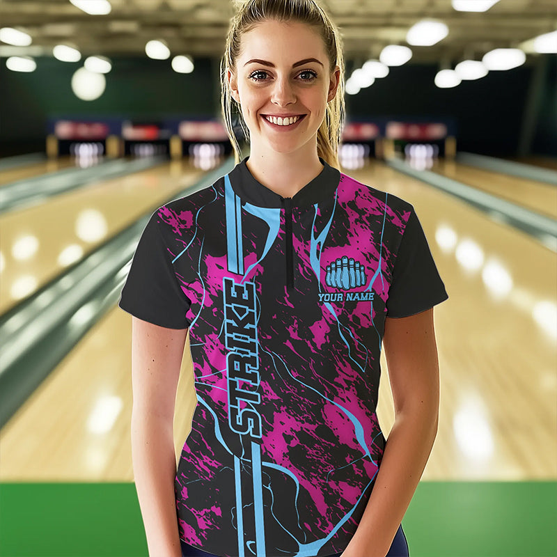 Custom Pink And Blue Strike Bowling Womens Quarter-Zip Shirts, Bowling League Team Uniform IPHW8859