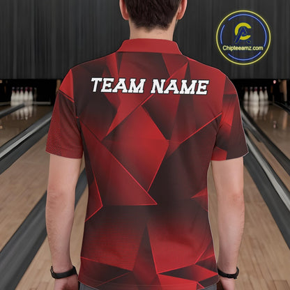 Person wearing a red and black bowling shirt with 'TEAM NAME' on the back in a bowling alley.