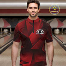 Load image into Gallery viewer, Man wearing a red and black bowling shirt with a logo in a bowling alley.