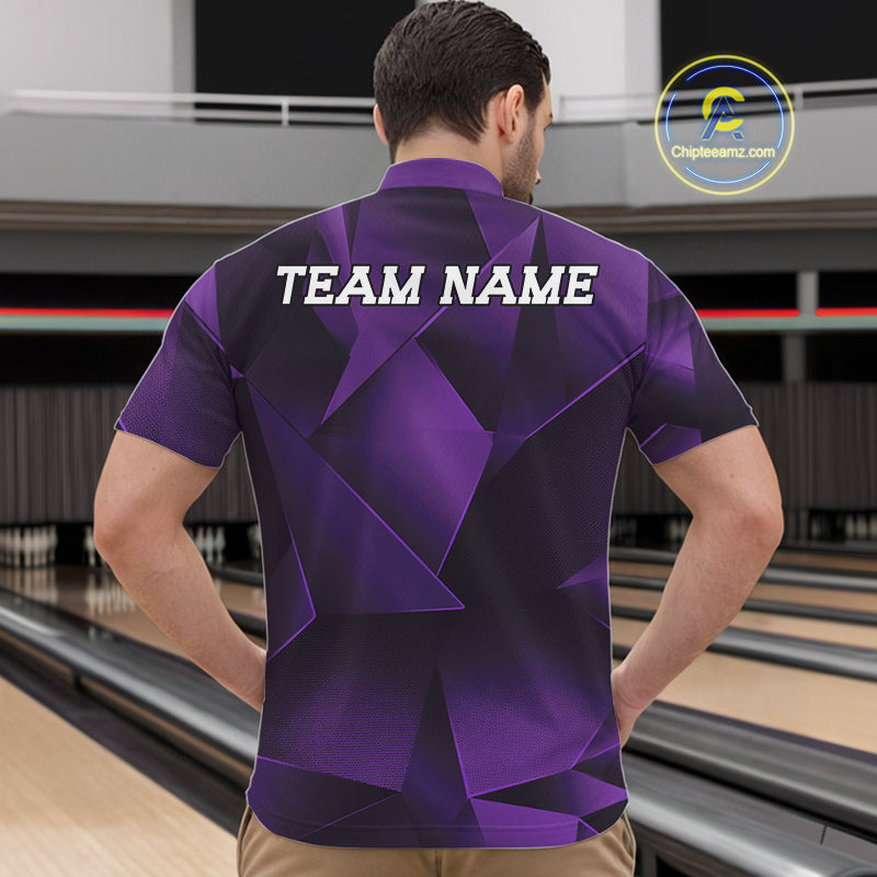 Person wearing a purple bowling shirt with 'TEAM NAME' on the back, standing in a bowling alley.