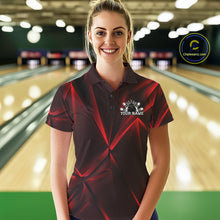 Load image into Gallery viewer, Woman wearing a custom bowling shirt with a logo and text in a bowling alley.