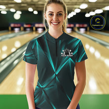 Load image into Gallery viewer, Woman wearing a teal bowling shirt with a personalized logo in a bowling alley.
