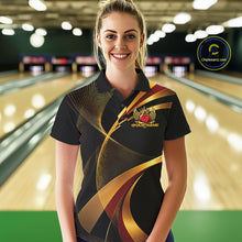Load image into Gallery viewer, Woman wearing a custom bowling shirt with a logo in a bowling alley