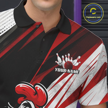 A close-up of a man wearing a custom-designed bowling-themed polo shirt. The shirt features a black collar, a black and red patterned upper chest, and a white and red patterned lower body with a bowling pin graphic and the text 'YOUR NAME'.