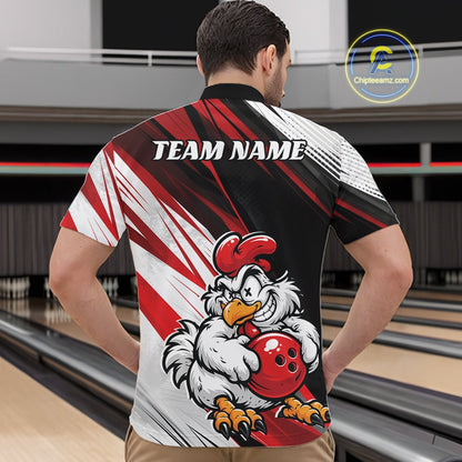 A man viewed from behind wearing a custom bowling jersey with a red, white, and black graphic design featuring a cartoon rooster holding a bowling ball. The jersey has 'TEAM NAME' printed on the back.