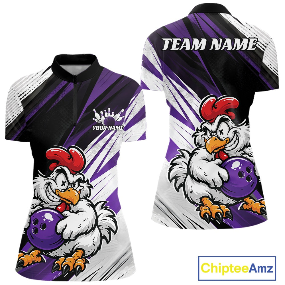 Front and back views of a short-sleeve athletic jersey with a purple, black, and white graphic design featuring a cartoon chicken holding a bowling ball. The front has a small white crown logo with placeholder text, and the back has 'TEAM NAME' printed across the shoulders.