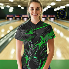 Load image into Gallery viewer, Black And Green Custom Flame Bowling Shirts For Women, Fire Bowling Team Shirt Bowler Jersey IPHW7934