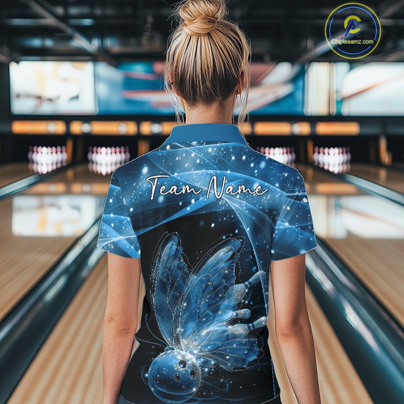 Custom Ethereal Blue Butterfly Bowling Team Women Polo Shirts, Ladies Bowling Outfit IPHW10244