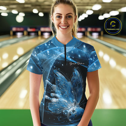 Custom Ethereal Blue Butterfly Bowling Women Quarter-Zip Shirts, Ladies Bowling Outfit IPHW10244
