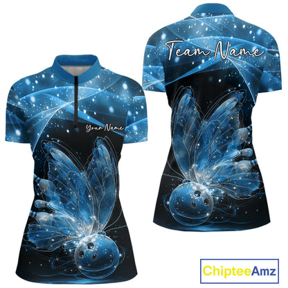 Custom Ethereal Blue Butterfly Bowling Women Quarter-Zip Shirts, Ladies Bowling Outfit IPHW10244