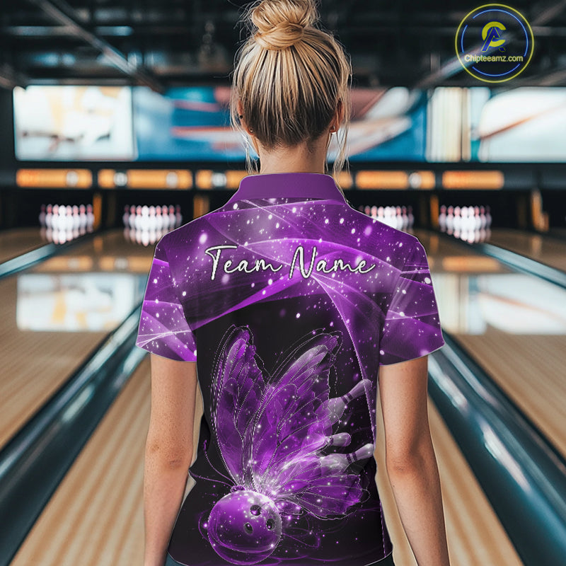 Custom Ethereal Purple Butterfly Bowling Women Quarter-Zip Shirts, Ladies Bowling Outfit IPHW10245