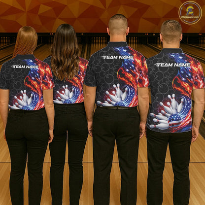 Custom Flaming US Flag Patriotic Bowling Team Multi Styles Shirt, Freedom Bowling League Shirt Bowlingg Jersey IPHW10425