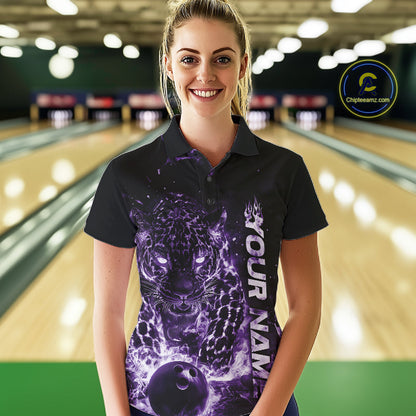 Custom Purple Flaming Leopard Women Bowling Shirts, Fire Bowling Team Shirt Bowler Uniform IPHW10713