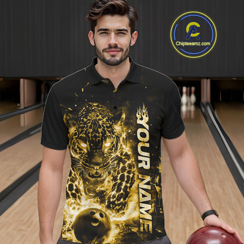 Custom Yellow Flaming Leopard Men Bowling Shirts, Fire Bowling Team Shirt Bowler Uniform IPHW10716
