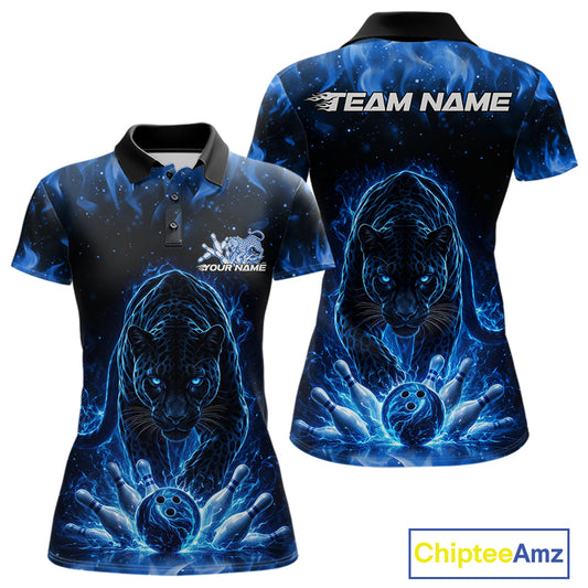 Front and back view of a womens black polo shirt mockup featuring a glowing blue electric panther and bowling ball crashing through pins illustration.