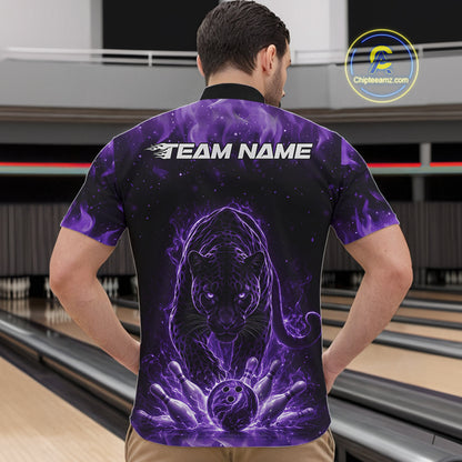 Front view of a male model in a bowling lane wearing a black quarter-zip shirt featuring glowing purple electric panther design with energetic bowling action graphics.