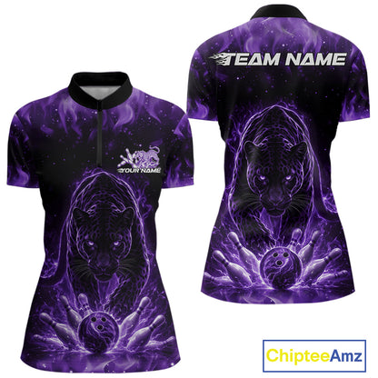 Front and back view of a womens black bowling quarter-zip shirt mockup showcasing a glowing electric panther in purple tones with bowling ball crashing through pins.