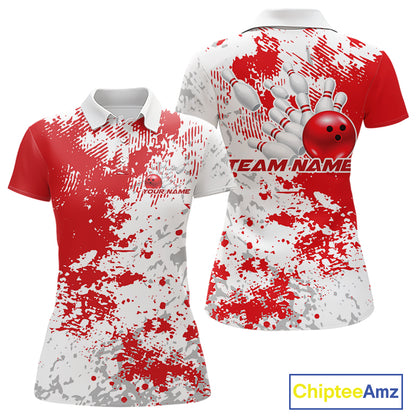 Womens polo shirt mockup front and back, white shirt with red and white splatter background, clean apparel presentation